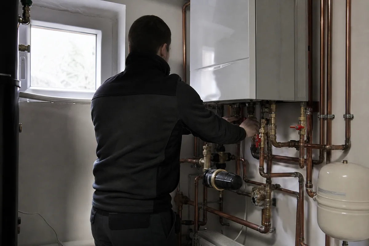 Technicien de dos intervenant sur une chaudière murale à condensation dans une chaufferie domestique