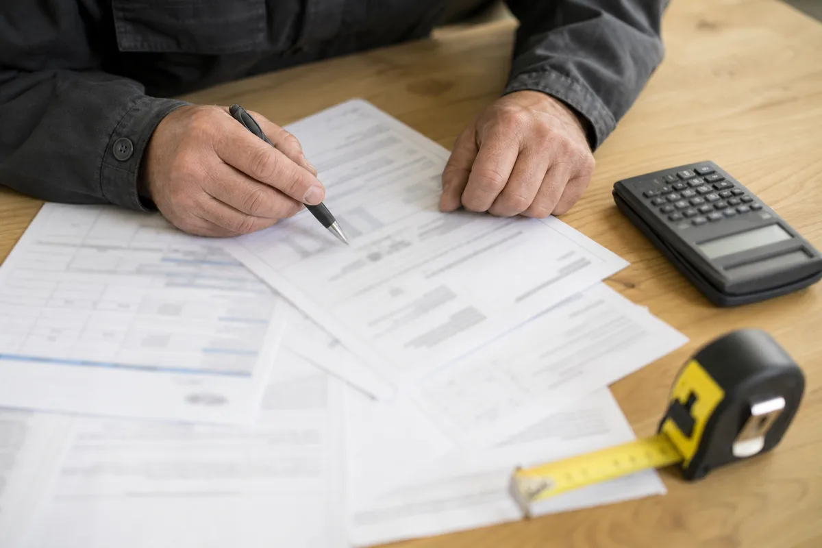 Devis de chauffage et attestations d&rsquo;assurance posés sur une table en bois, mains d&rsquo;un artisan tenant un stylo