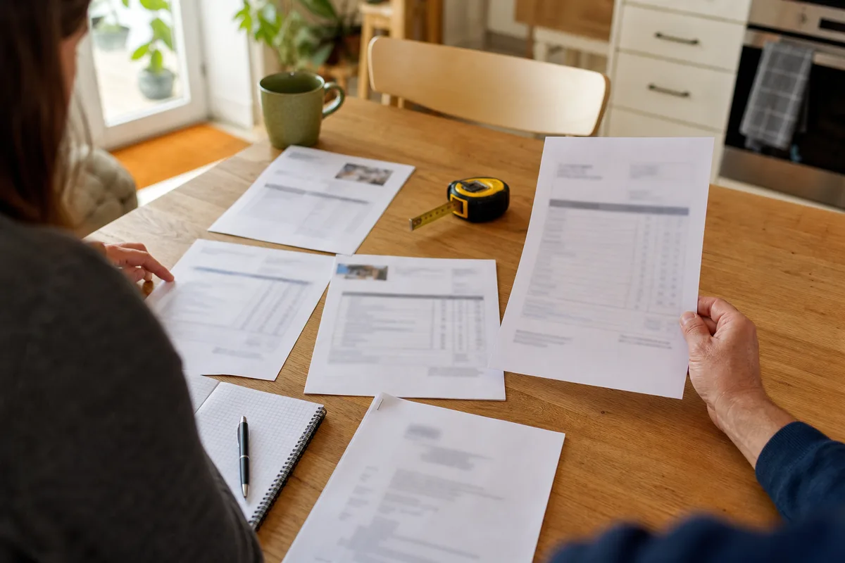 Devis détaillé et attestations d&rsquo;assurance posés sur une table de cuisine à côté d&rsquo;un mètre ruban et d&rsquo;un carnet de notes