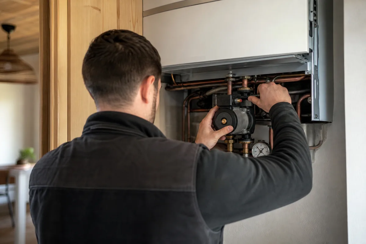 Technicien réglant une chaudière murale à condensation dans une maison landaise