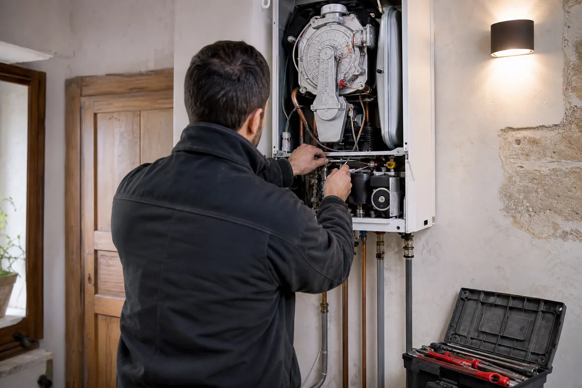 Technicien de dos réglant une chaudière murale à condensation dans une maison ancienne