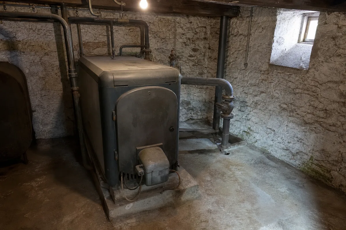 Chaufferie ancienne d&rsquo;une maison lorraine avec chaudière fioul volumineuse et tuyauterie en acier