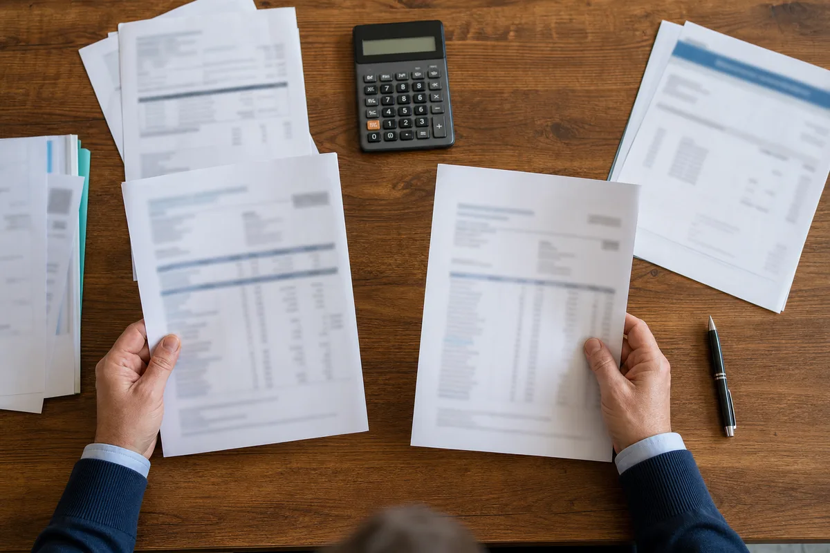 Devis de chauffage et attestations posés sur une table avec une calculatrice, préparation d’un dossier de comparaison