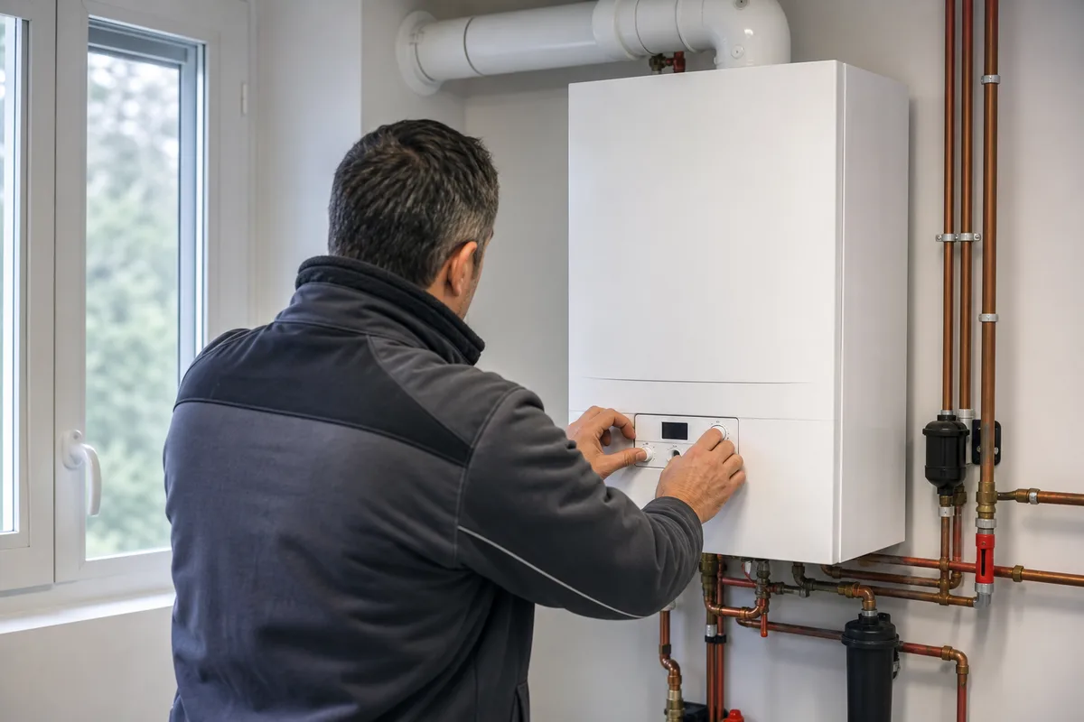 Technicien réglant une chaudière murale à condensation dans une chaufferie