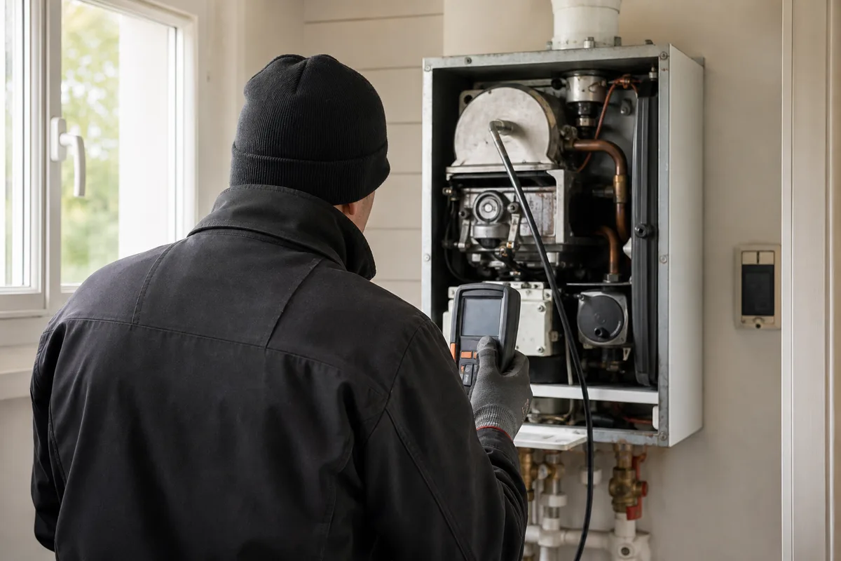 Technicien contrôlant une chaudière murale gaz avec un analyseur de combustion