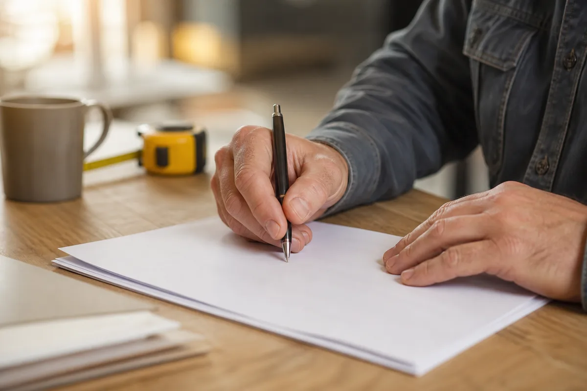 Devis de contrat d’entretien et attestation posés sur une table, mains d’un artisan tenant un stylo
