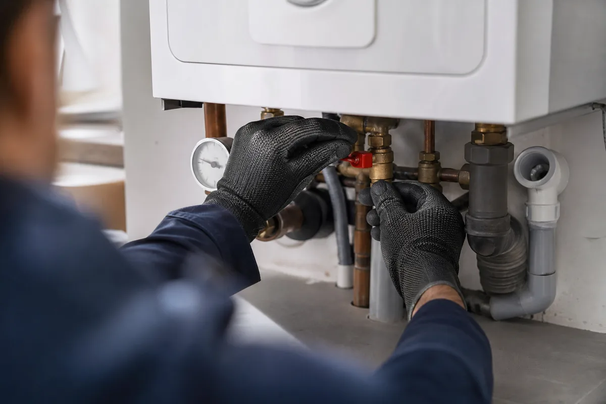 Chaudière murale à condensation installée dans une buanderie, technicien réglant le circuit de chauffage