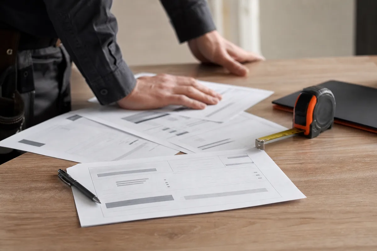 Devis d’installation détaillé et attestations d’assurance posés sur une table, mains d’un artisan au second plan