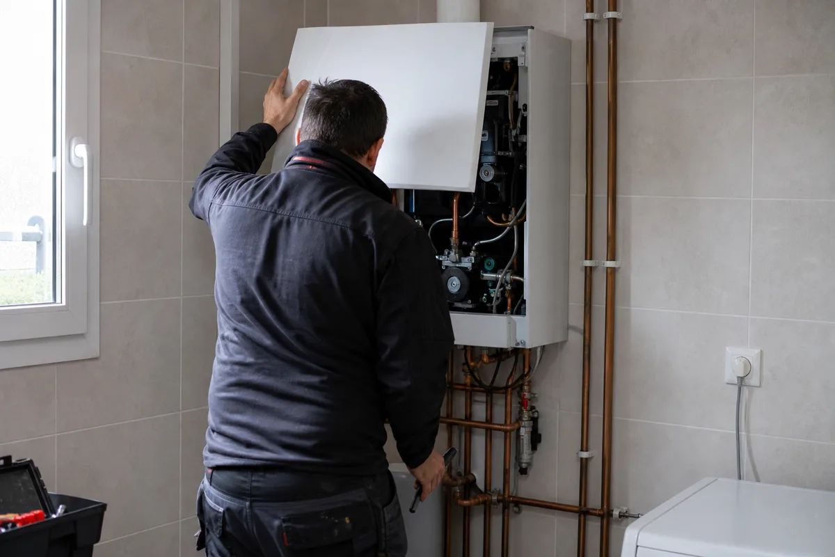 Technicien de dos vérifiant une chaudière murale à condensation dans une buanderie