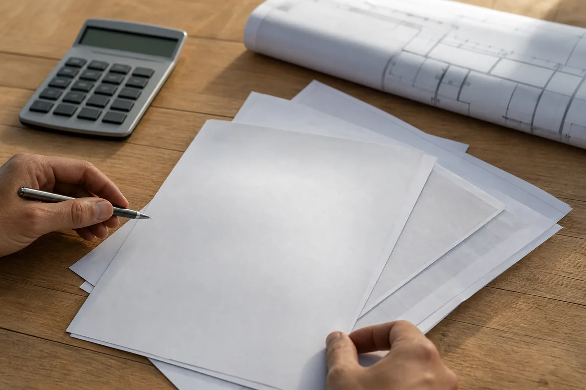 Devis détaillé et attestations posés sur une table à côté de plans de maison